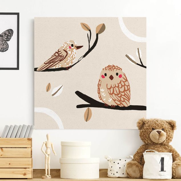 Natural canvas print - Cute Animal Illustration - Bird And Owl - Square 1:1