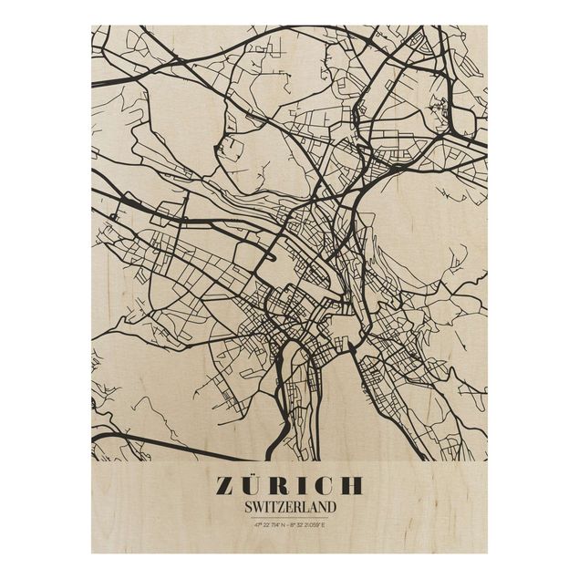 Wood print - Zurich City Map - Classic