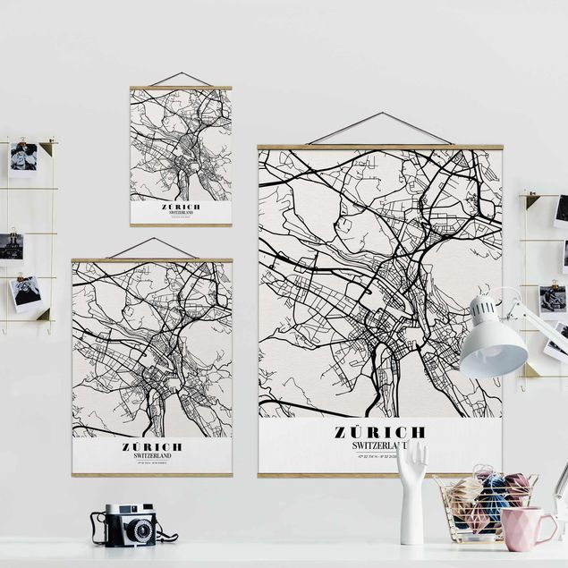 Fabric print with poster hangers - Zurich City Map - Classic