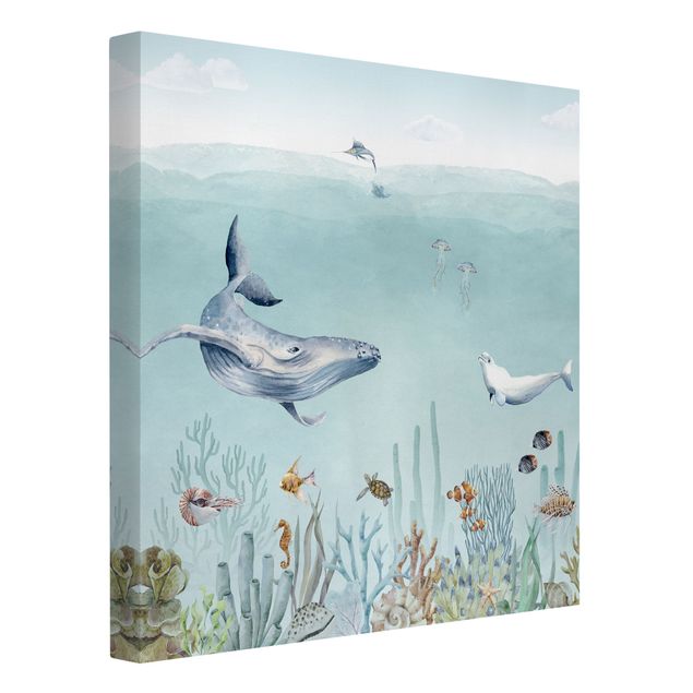 Print on canvas - Dancing whales on the coral reef - Square 1:1