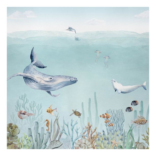 Print on canvas - Dancing whales on the coral reef - Square 1:1