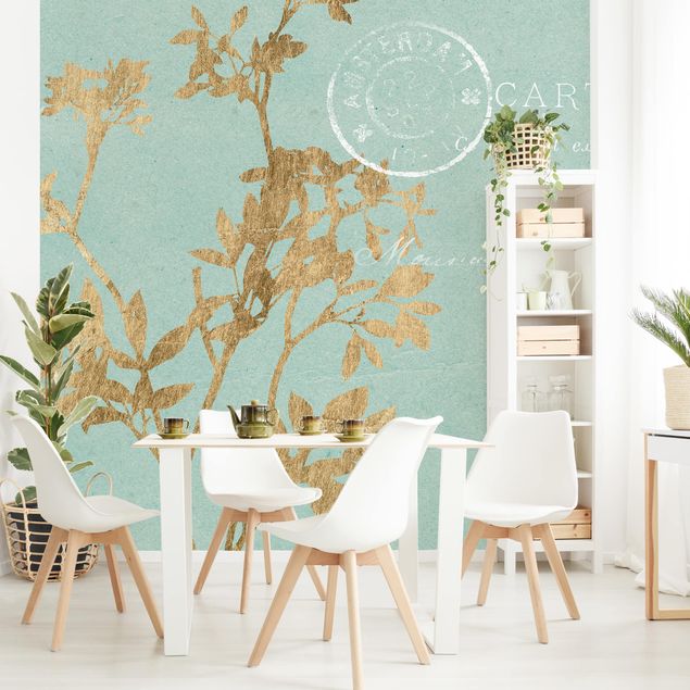 Wallpaper - Golden Leaves On Turquoise I