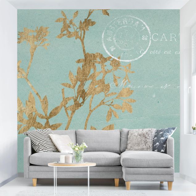 Wallpaper - Golden Leaves On Turquoise I