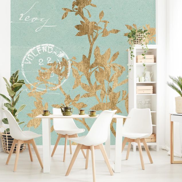 Wallpaper - Golden Leaves On Turquoise II