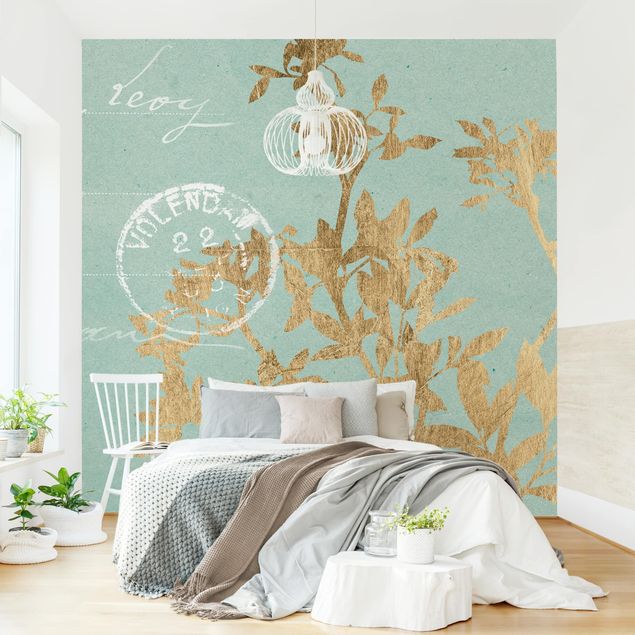 Wallpaper - Golden Leaves On Turquoise II