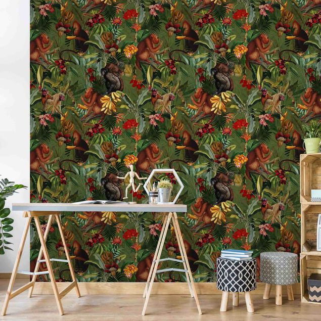 Wallpaper - Tropical Flowers With Monkeys