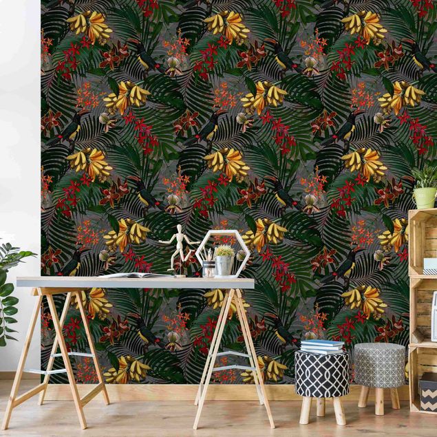 Wallpaper - Tropical Ferns With Tucan Green