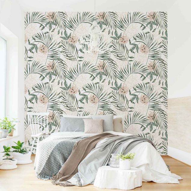 Wallpapers Tropical Palm Bows With Roses Watercolour