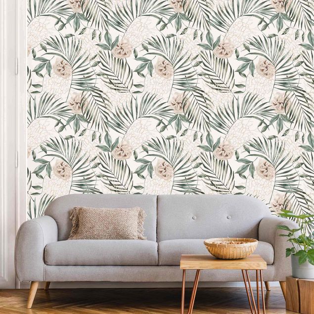 Wallpaper - Tropical Palm Bows With Roses Watercolour
