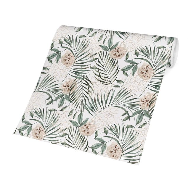 Wallpaper - Tropical Palm Bows With Roses Watercolour