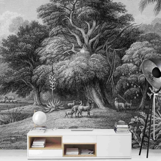 Wallpaper - Tropical Copperplate Engraving In Warm Grey