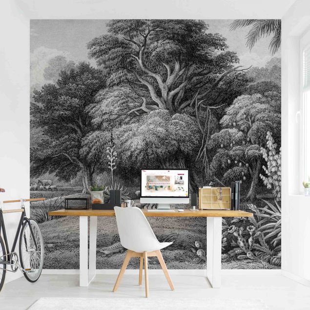 Wallpaper - Tropical Copperplate Engraving In Warm Grey