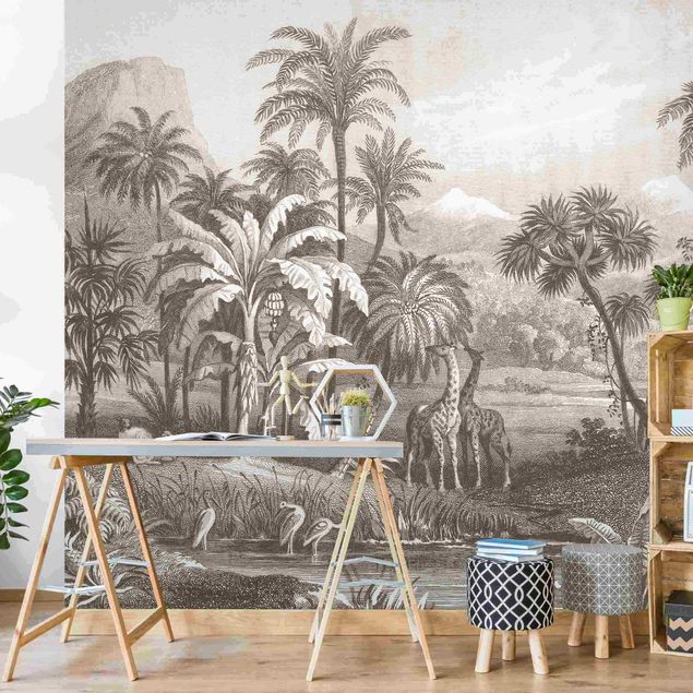 Wallpaper - Tropical Copperplate Engraving With Giraffes In Brown