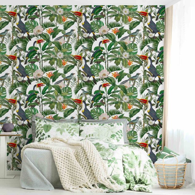 Walpaper - Tropical Toucan With Monstera And Palm Leaves