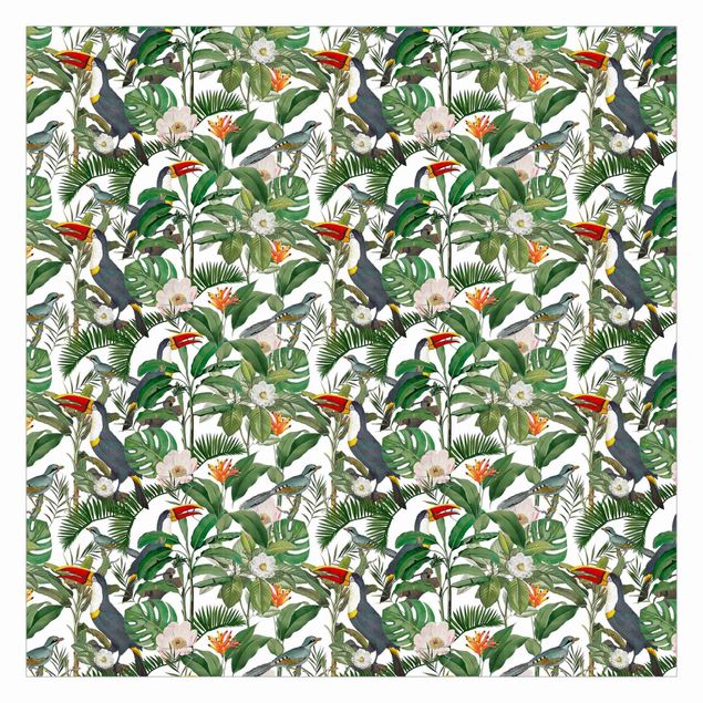 Walpaper - Tropical Toucan With Monstera And Palm Leaves