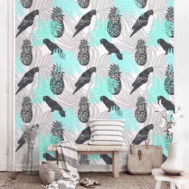 Wallpapers Tropical Pattern With Pineapple And Parrots Turquoise