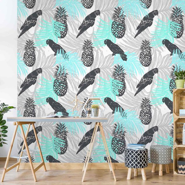 Wallpaper - Tropical Pattern With Pineapple And Parrots Turquoise