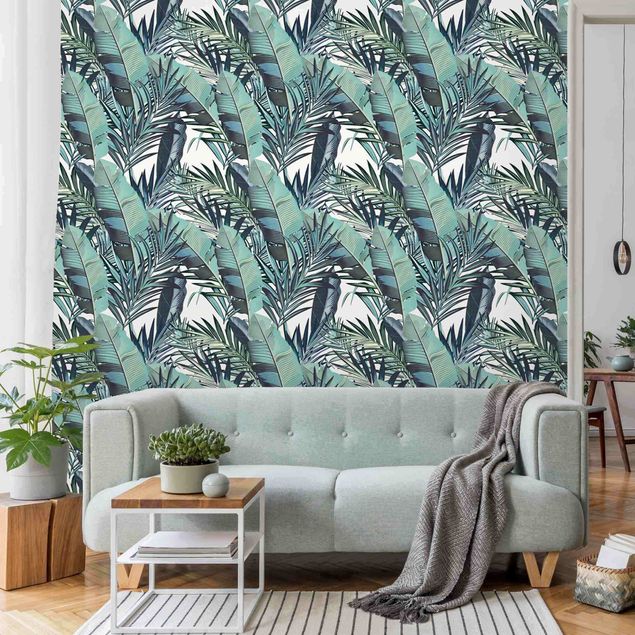 Wallpaper - Turquoise Leaves Jungle Pattern