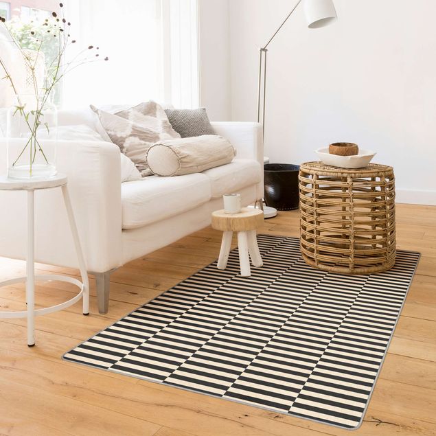large floor mat Staggered Stripes Black Beige