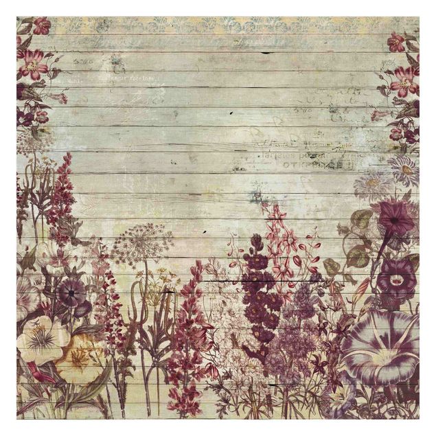 Wallpaper - Vintage Flowers Wood Look