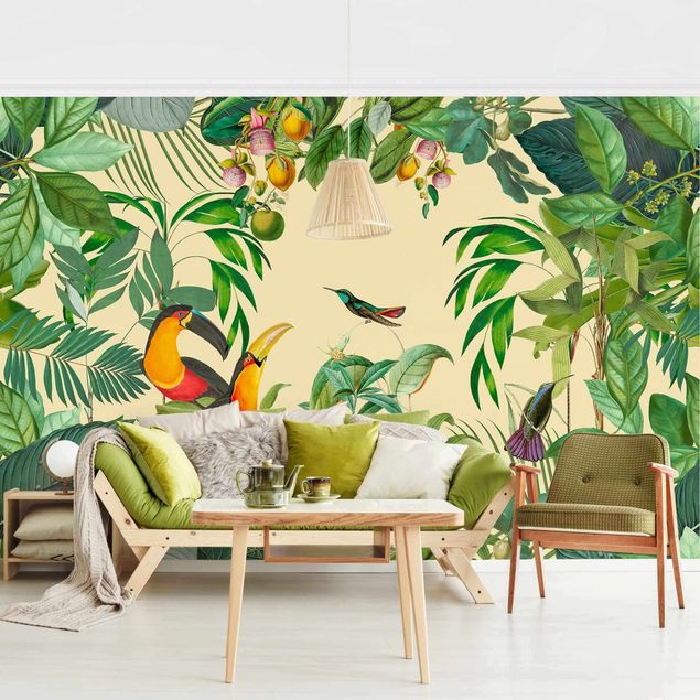 Wallpaper - Vintage collage - birds in the jungle