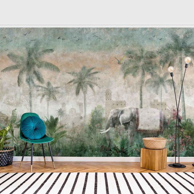 Wallpaper - Vintage Jungle Scene with Elephant