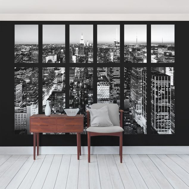 Wallpaper - Window View Manhattan Skyline In Black And White