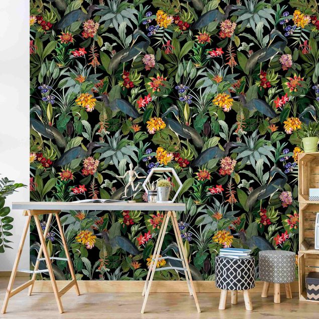 Wallpaper - Birds With Tropical Flowers