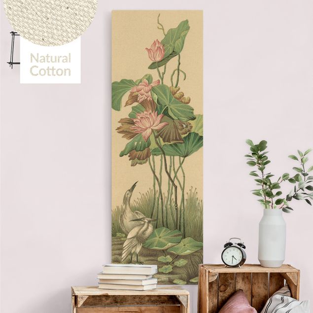 Natural canvas print - White Cranes Beneath Lotus Flowers - Portrait format 1:3