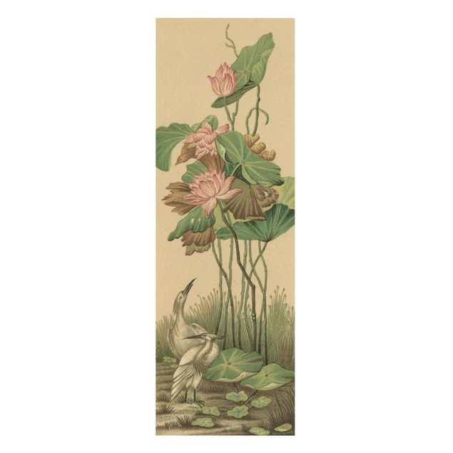 Natural canvas print - White Cranes Beneath Lotus Flowers - Portrait format 1:3