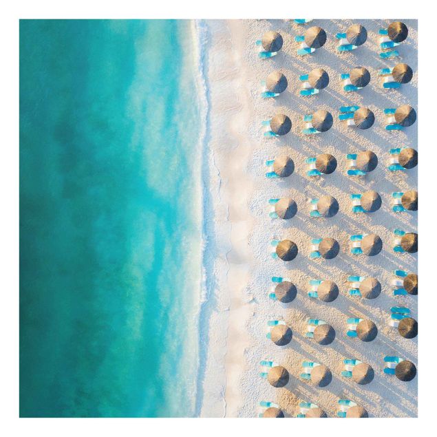 Glass print - White Sandy Beach With Straw Parasols