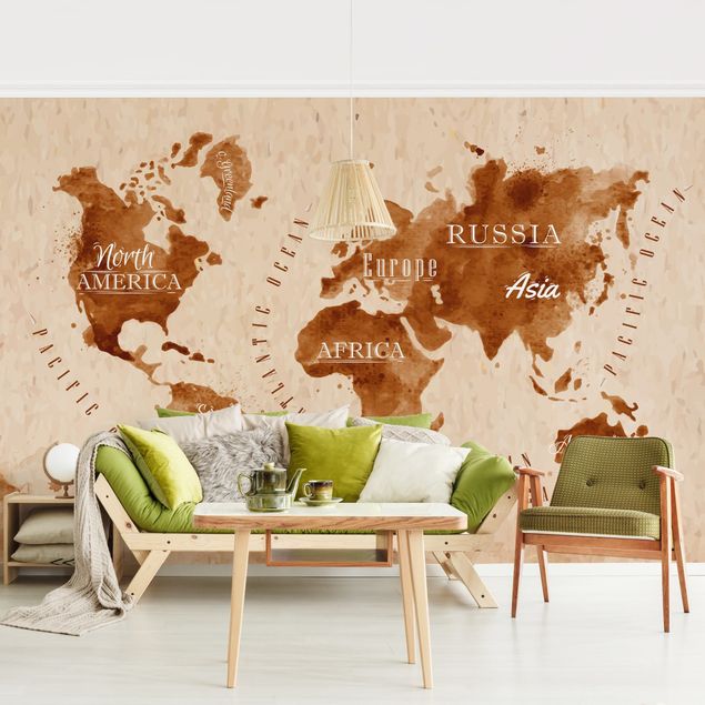Wallpapers World Map Watercolour Beige Brown