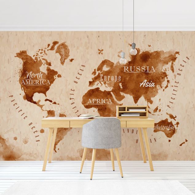 Wallpaper - World Map Watercolour Beige Brown