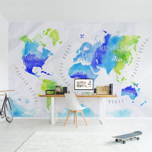 Wallpapers World Map Watercolour Blue Green