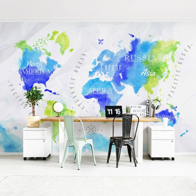 Wallpaper - World Map Watercolour Blue Green