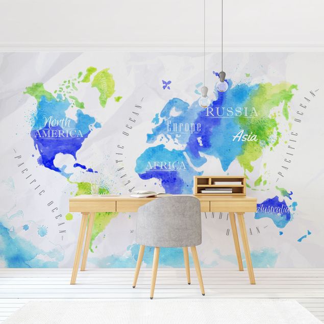 Wallpaper - World Map Watercolour Blue Green