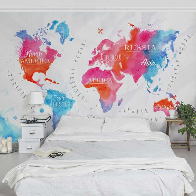 Wallpapers World Map Watercolour Red Blue