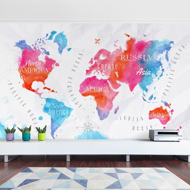 Wallpaper - World Map Watercolour Red Blue