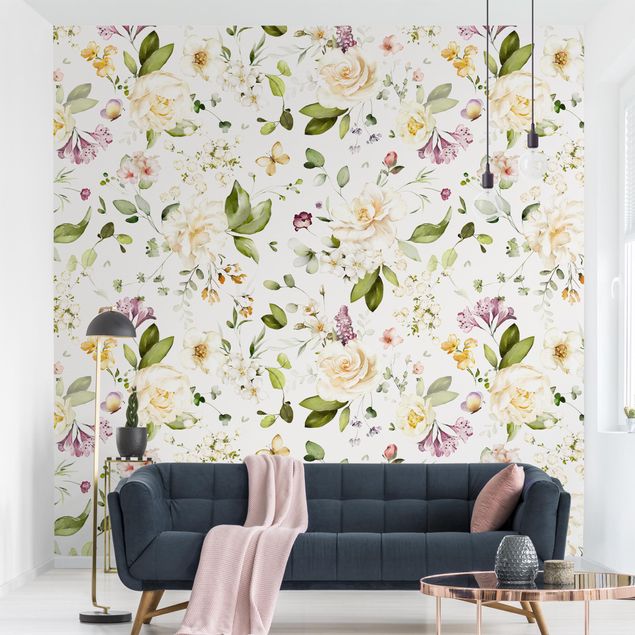 Wallpapers Wildflowers and White Roses Watercolour Pattern
