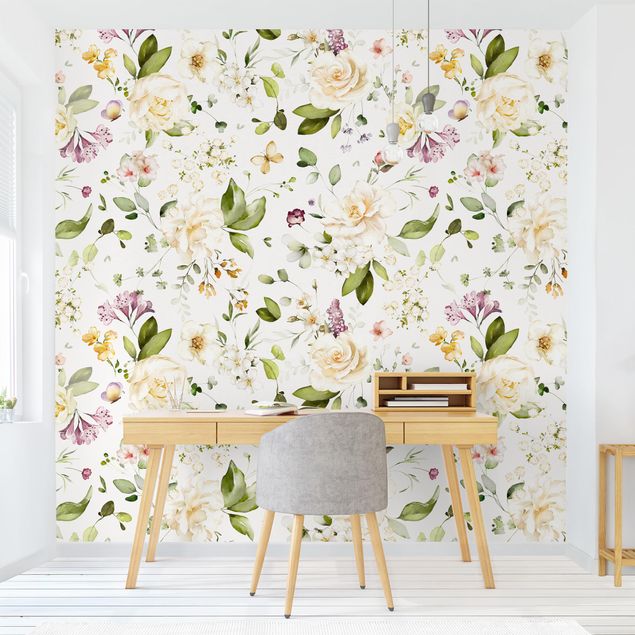 Wallpaper - Wildflowers and White Roses Watercolour Pattern