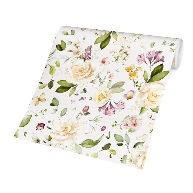 Wallpaper - Wildflowers and White Roses Watercolour Pattern