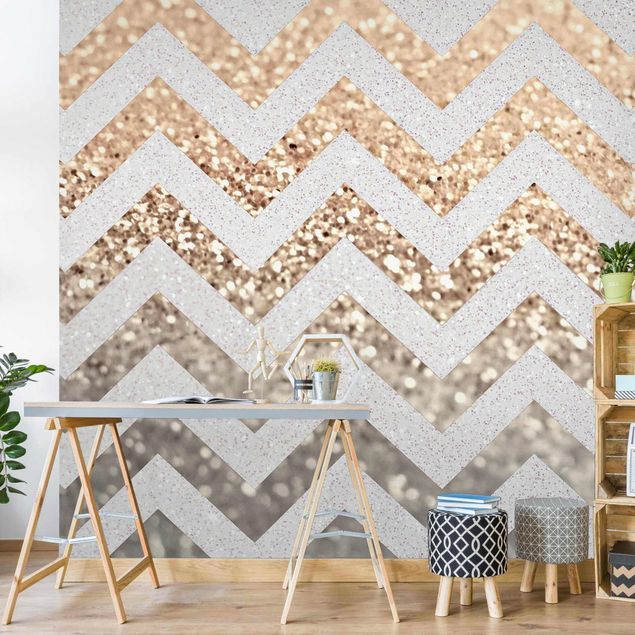 Walpaper - Zigzag Lines With Golden Glitter and Silver