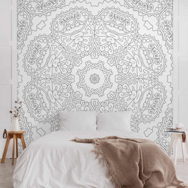 Wallpaper - Zigzag Mandala Flower With Star In Grey