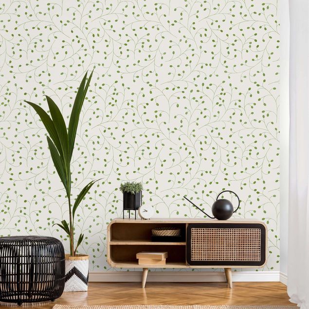 Wallpaper - Delicate Branch Pattern With Dots In Green II