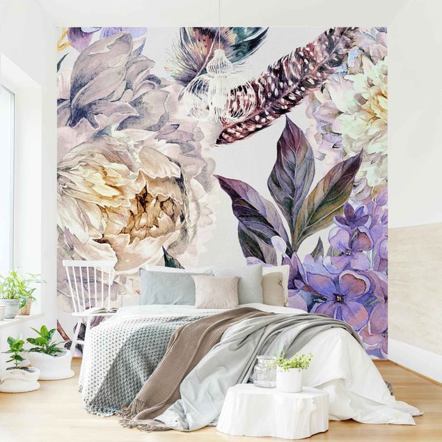 Wallpapers Delicate Watercolour Boho Flowers And Feathers Pattern
