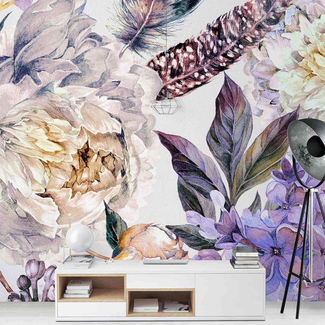 Walpaper - Delicate Watercolour Boho Flowers And Feathers Pattern