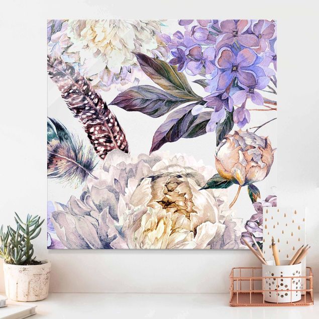 Magnettafel Glas Delicate Watercolour Boho Flowers And Feathers Pattern