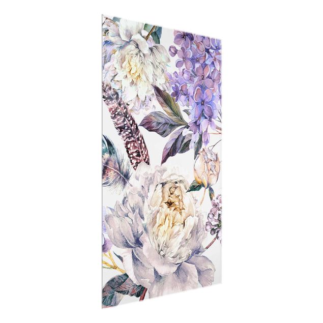 Glass print - Delicate Watercolour Boho Flowers And Feathers Pattern
