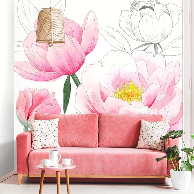Wallpaper - Drawing Light Pink Peonies