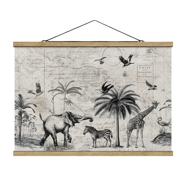 Fabric print with poster hangers - Vintage Collage - Exotic Map